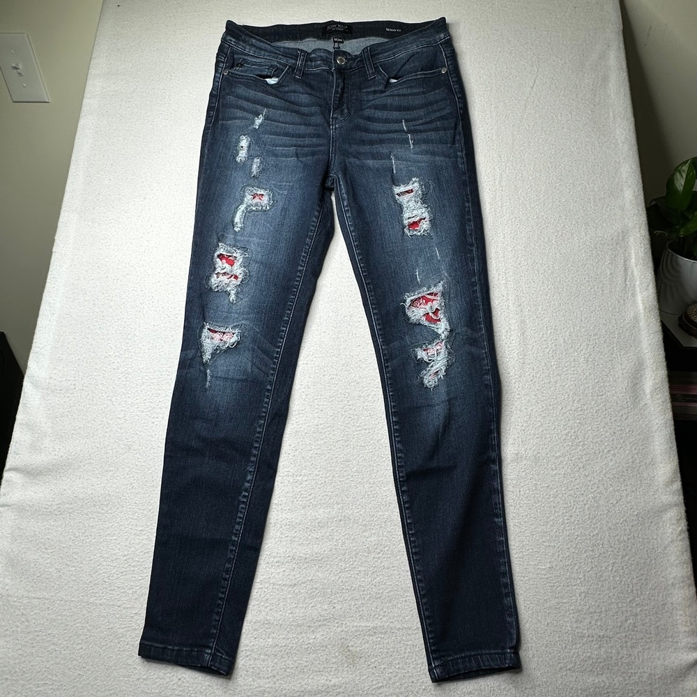 Judy Blue Womens‎ Distressed Skinny Fit Jeans Red Bandana Patch Size 11/30
